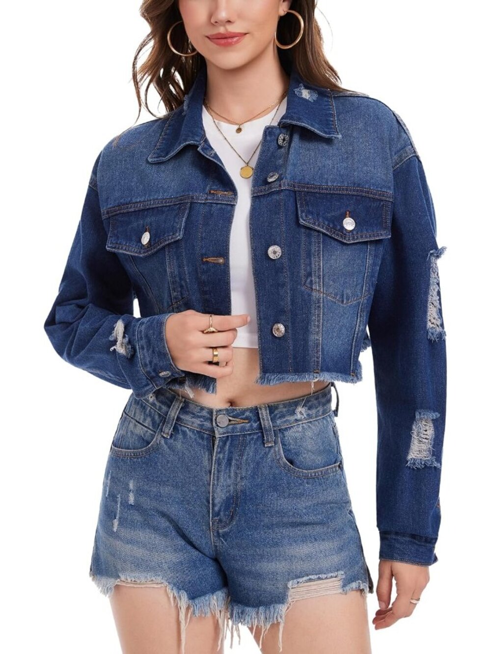 Women's Prussian Blue Cropped Jean Jacket Dressy Fashion Frayed Hem Denim Jacket
